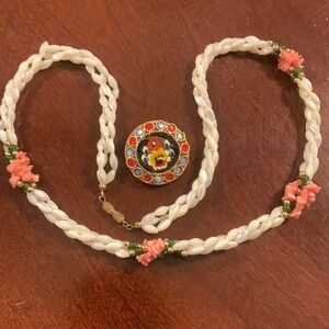 Coral, Nephrite And Mother of Pearl Necklace; Italian Micromosaic brooch 1”